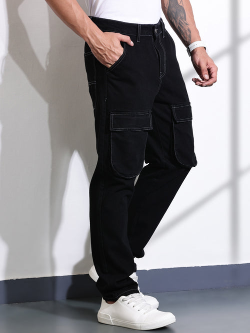 Thomas Scott Men Black Relaxed Fit Cargo Style Cotton Jeans