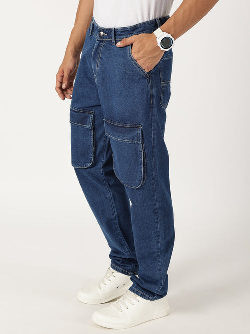 Thomas Scott Men Blue Relaxed Fit Cargo Style Cotton Jeans