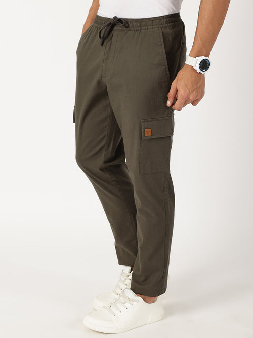Thomas Scott Men Olive Mid-Rise Straight Fit Cotton Linen Woven Cargos Trouser