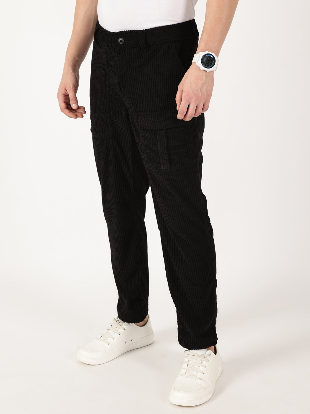 Thomas Scott Men Black Smart Straight Fit Corduroy Cargo Trouser