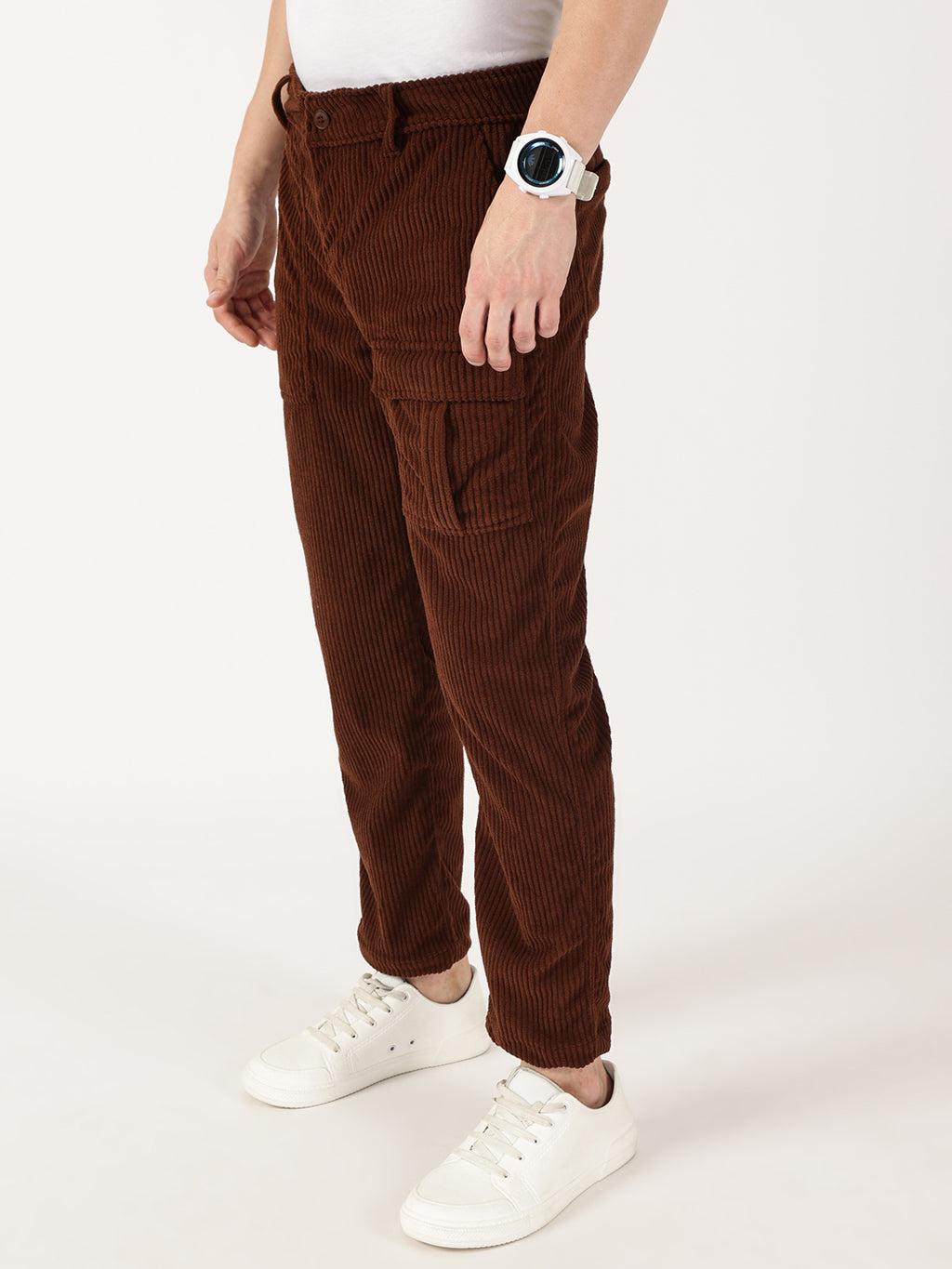 Thomas Scott Men Brown Smart Straight Fit Corduroy Cargo Trouser