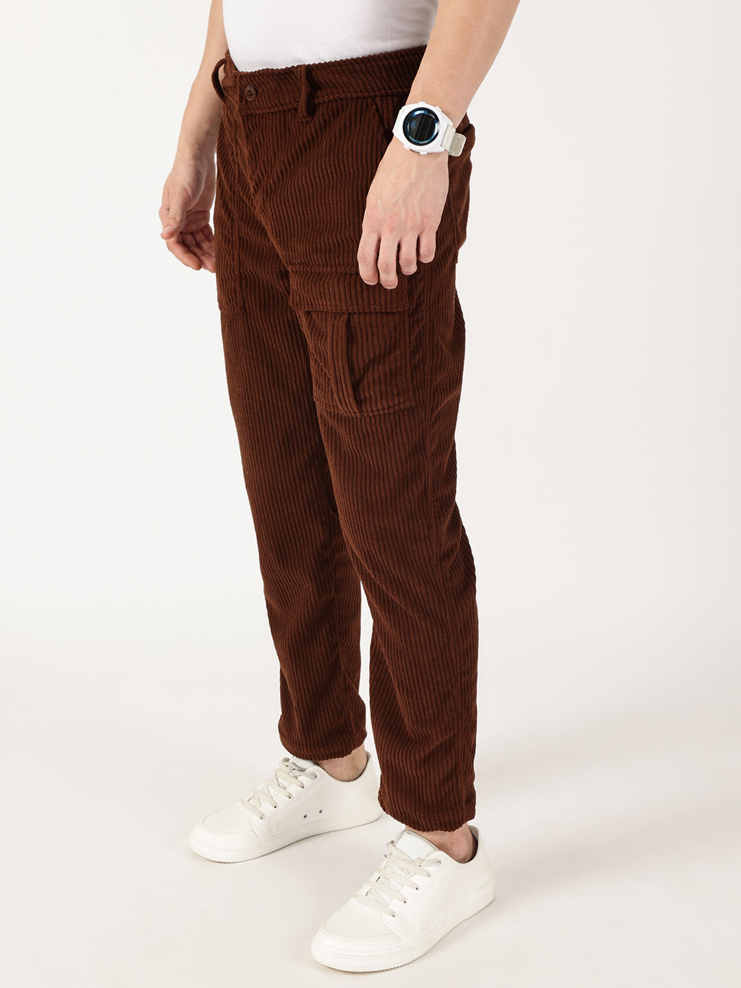 Thomas Scott Men Brown Smart Straight Fit Corduroy Cargo Trouser