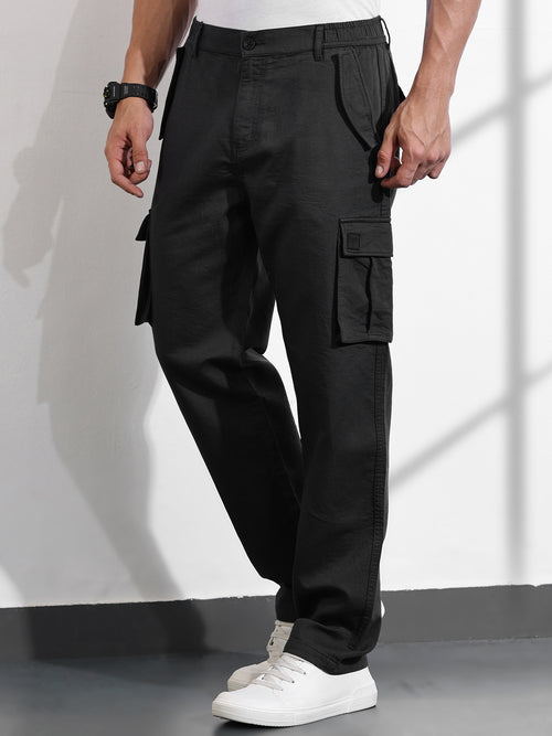 Thomas Scott Men DarkGrey Relaxed Fit Solid Cargo Trousers