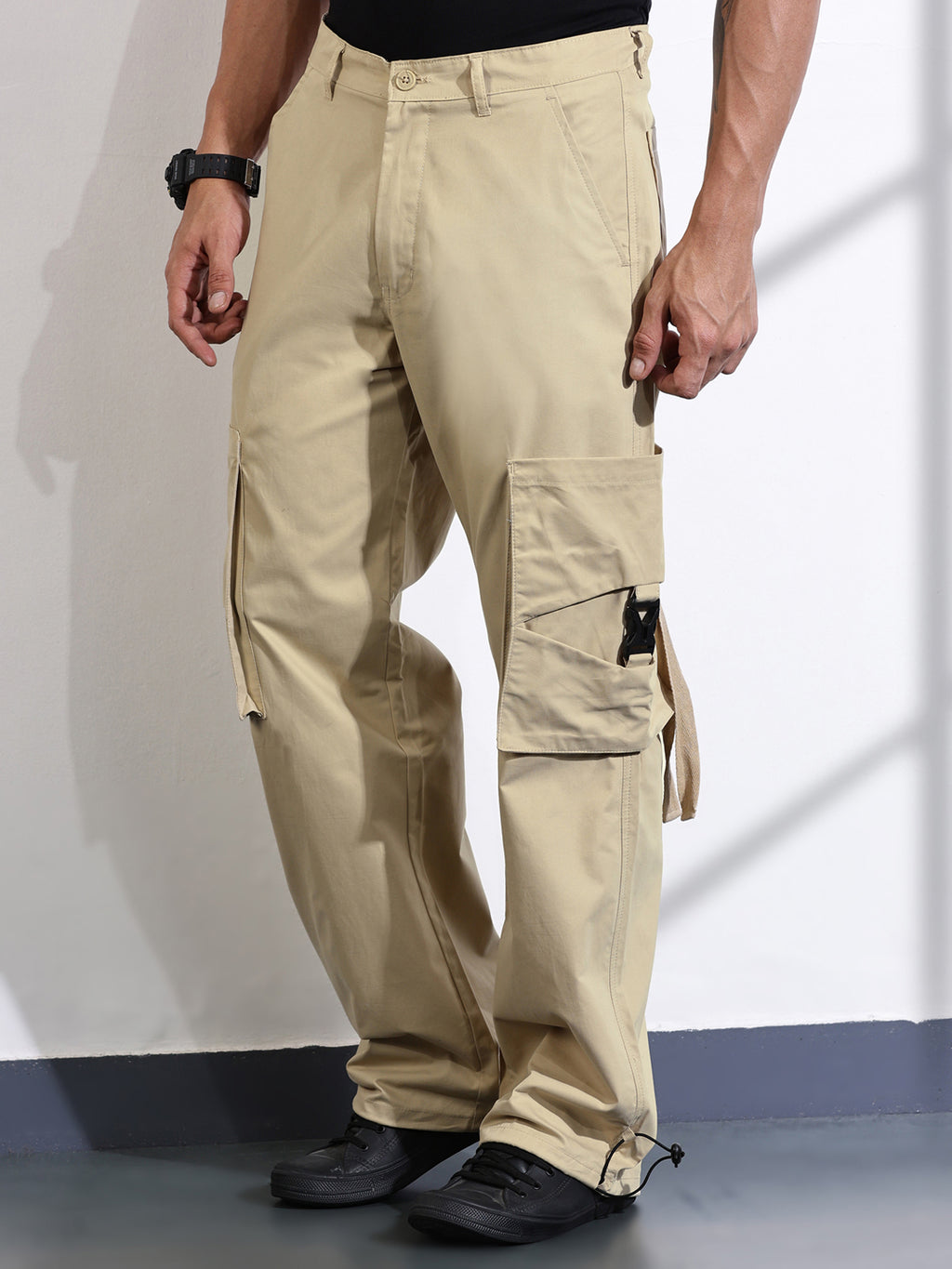 Thomas Scott Men Khaki Cotton Mid-Rise Original Cargo Trouser
