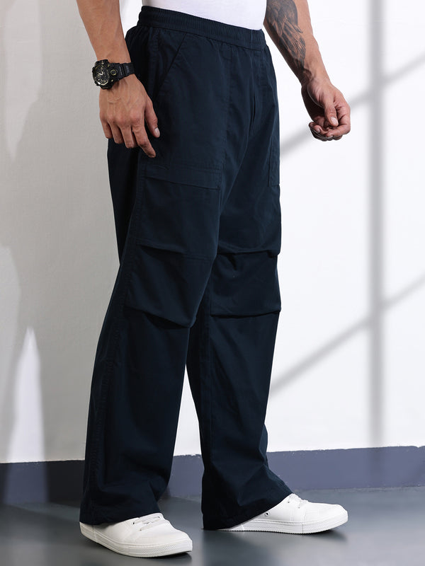 Navy Cotton Mid-Rise Smart Cargo Trouser For Men