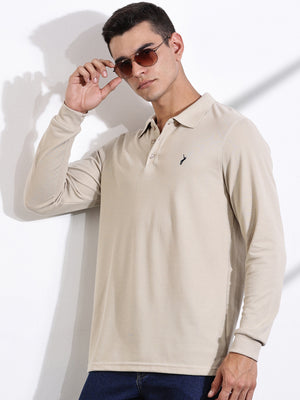 Thomas Scott Men Beige Solid Polo Collar T-shirt
