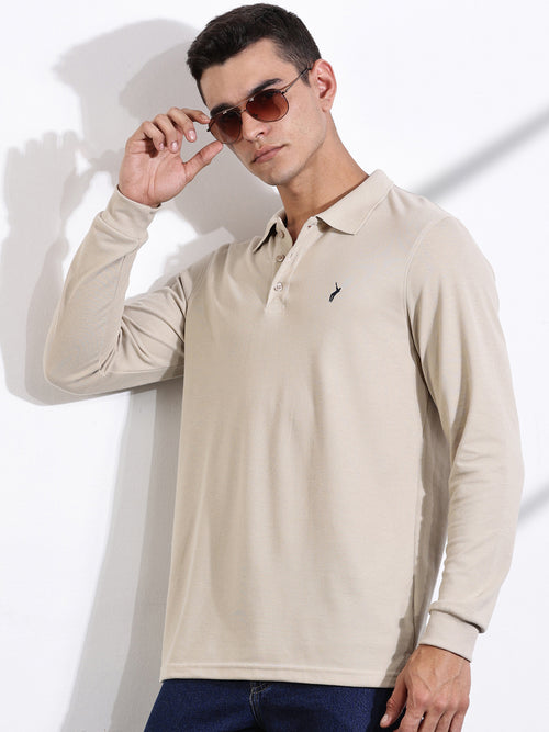 Thomas Scott Men Beige Solid Polo Collar T-shirt