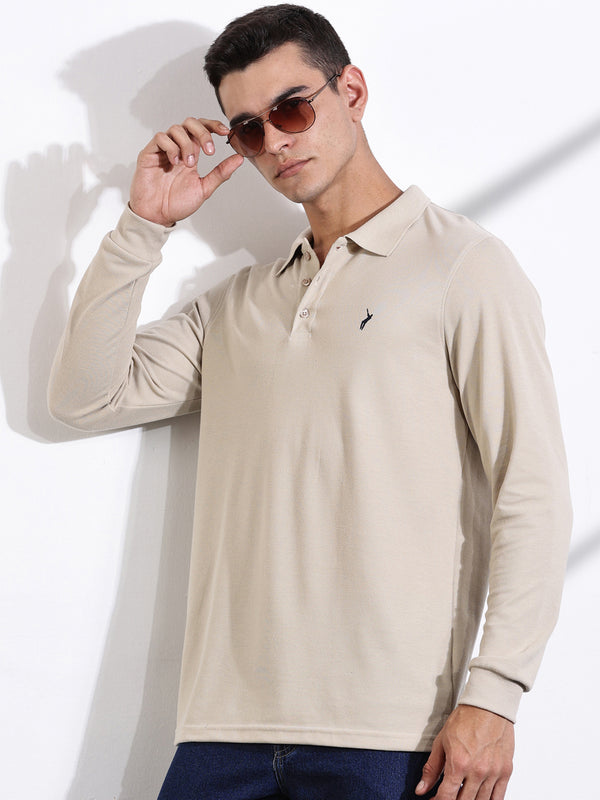 Beige Solid Polo Collar Tshirt For Men