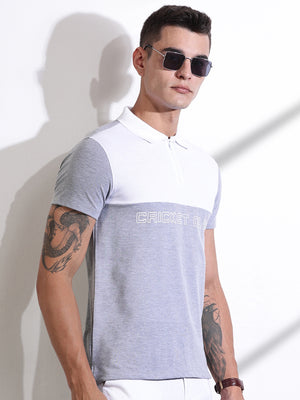 Grey Melange Colourblocked Polo Collar Cotton T-shirt