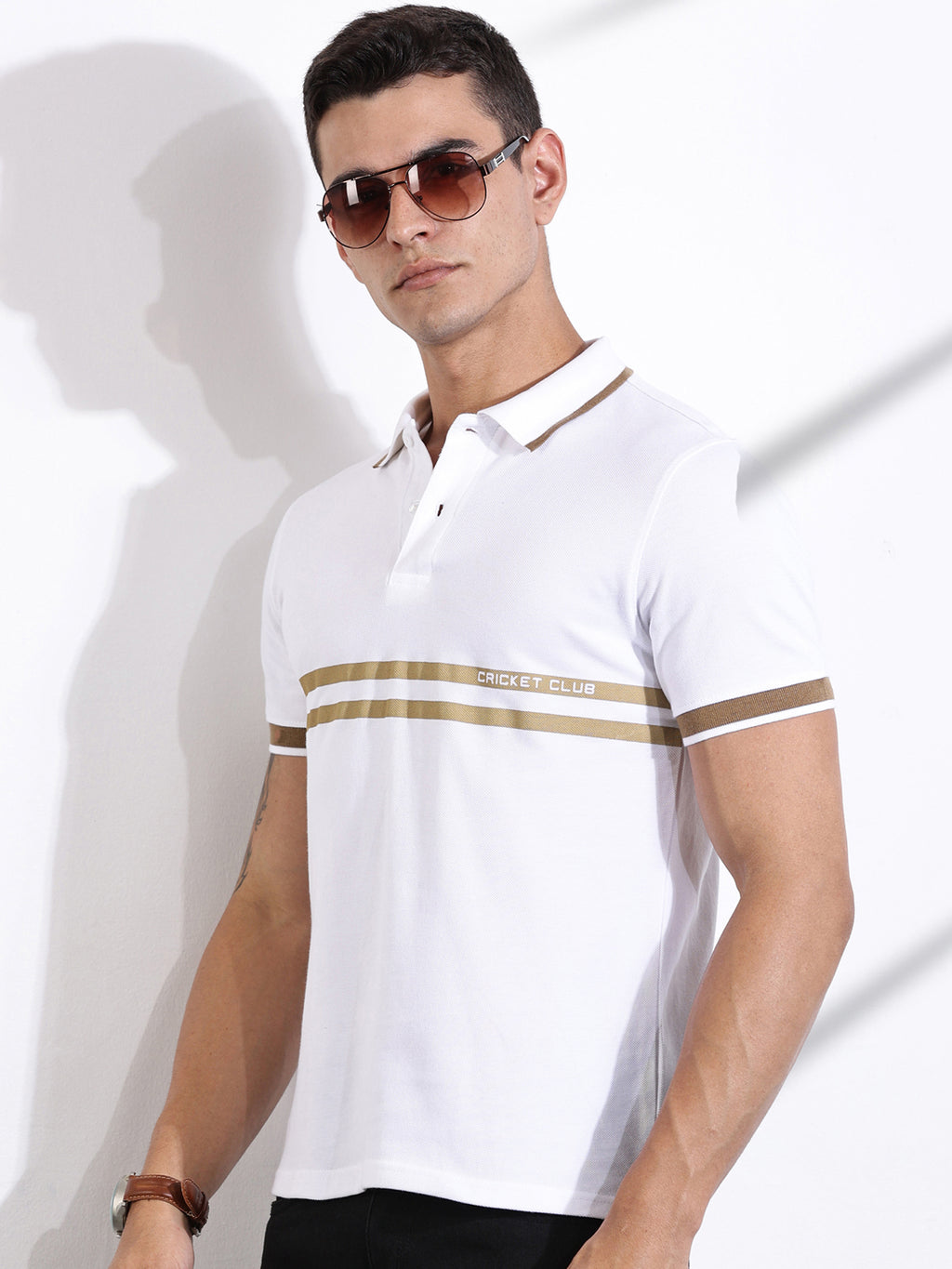 Thomas Scott Men White Striped Polo Collar Cotton T-shirt