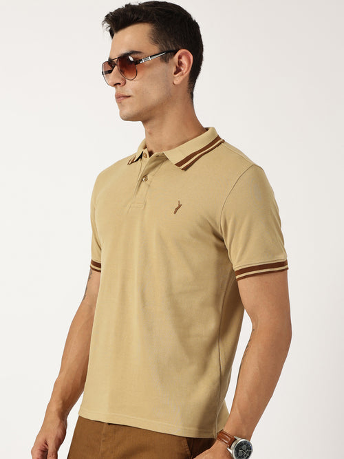 Thomas Scott Men Beige Solid Polo Collar Cotton T-shirt