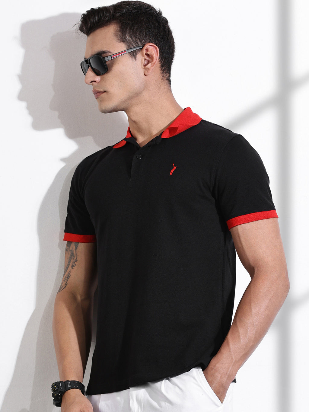Thomas Scott Men Black Polo Collar Applique T-shirt