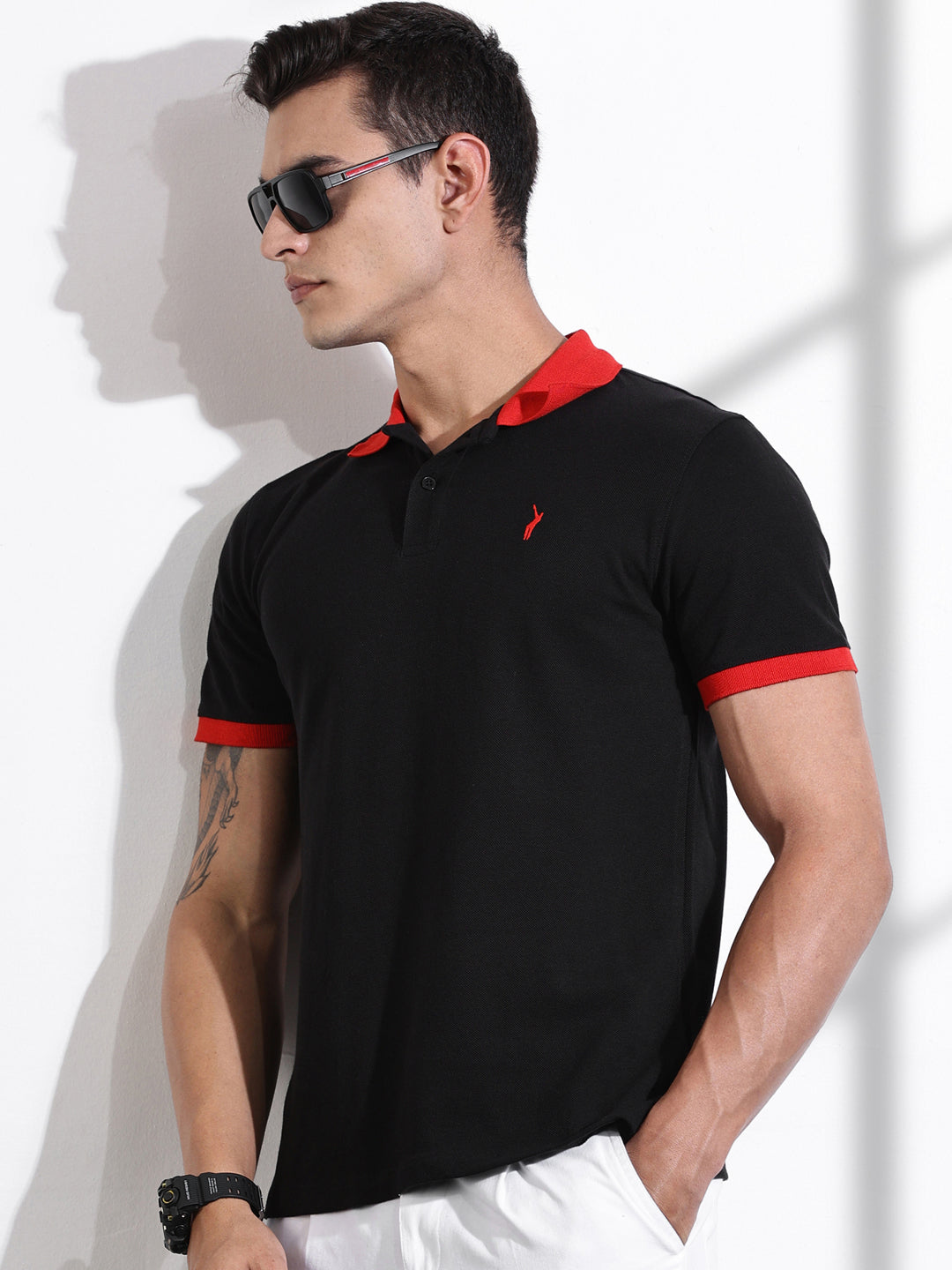 Thomas Scott Men Black Polo Collar Applique T-shirt