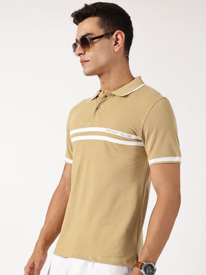 Thomas Scott Men Beige Solid Polo Collar Cotton T-shirt