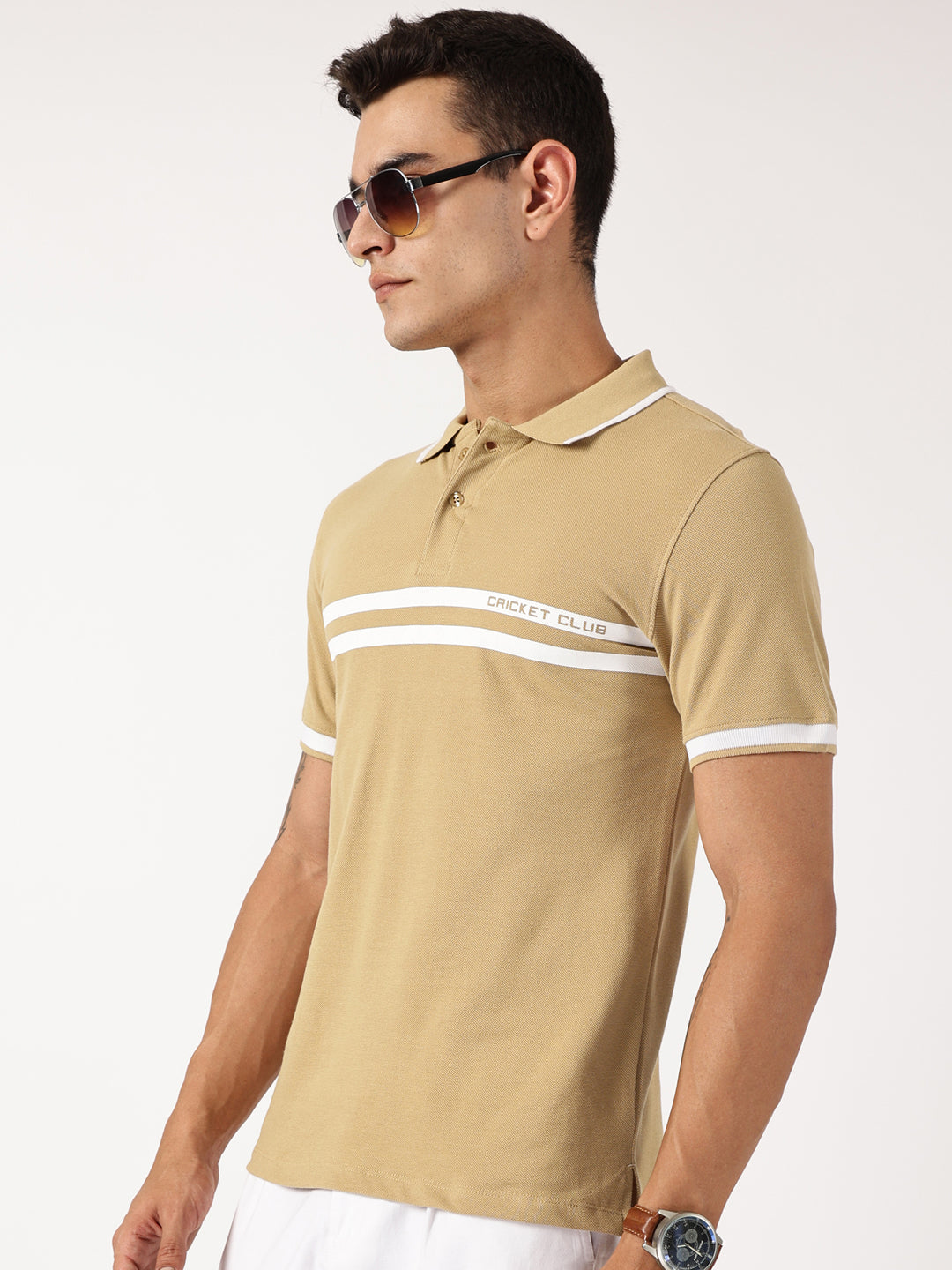 Thomas Scott Men Beige Solid Polo Collar Cotton T-shirt