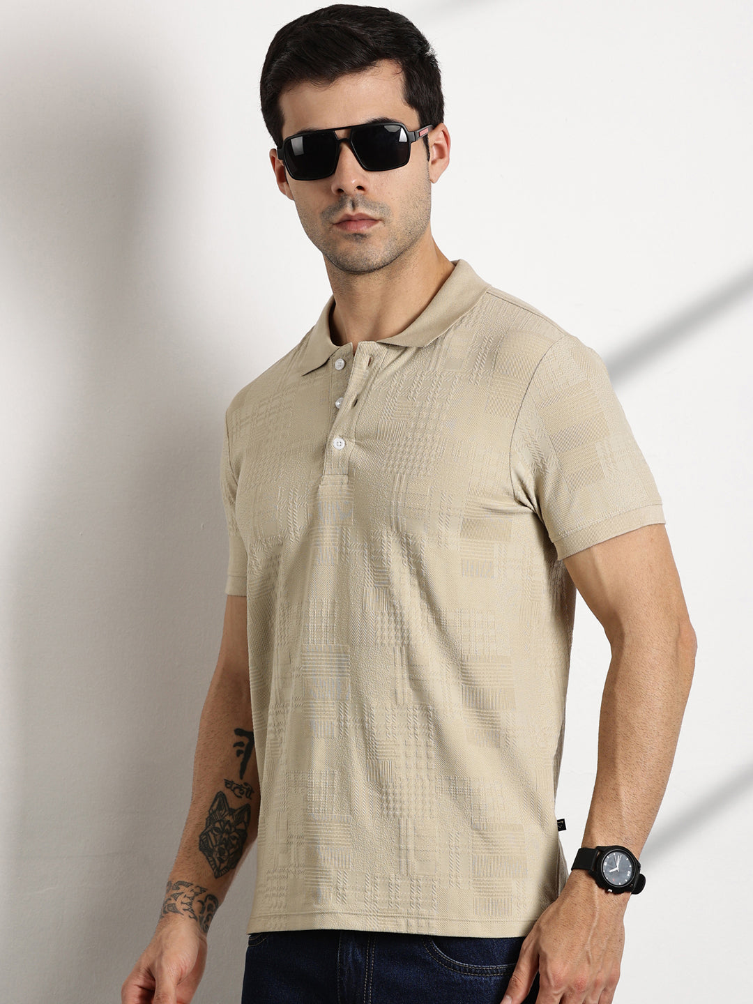 Thomas Scott Men Beige Textured Polo Collar Regular Fit T-shirt