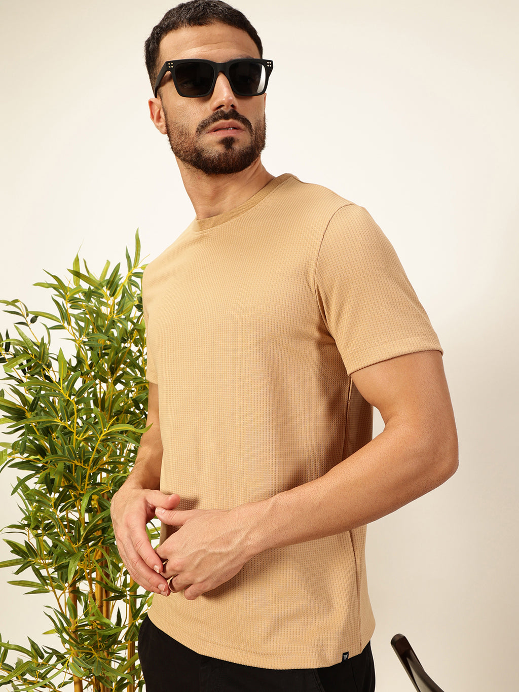 Khaki Anti Odour Solid Round Neck T-Shirt