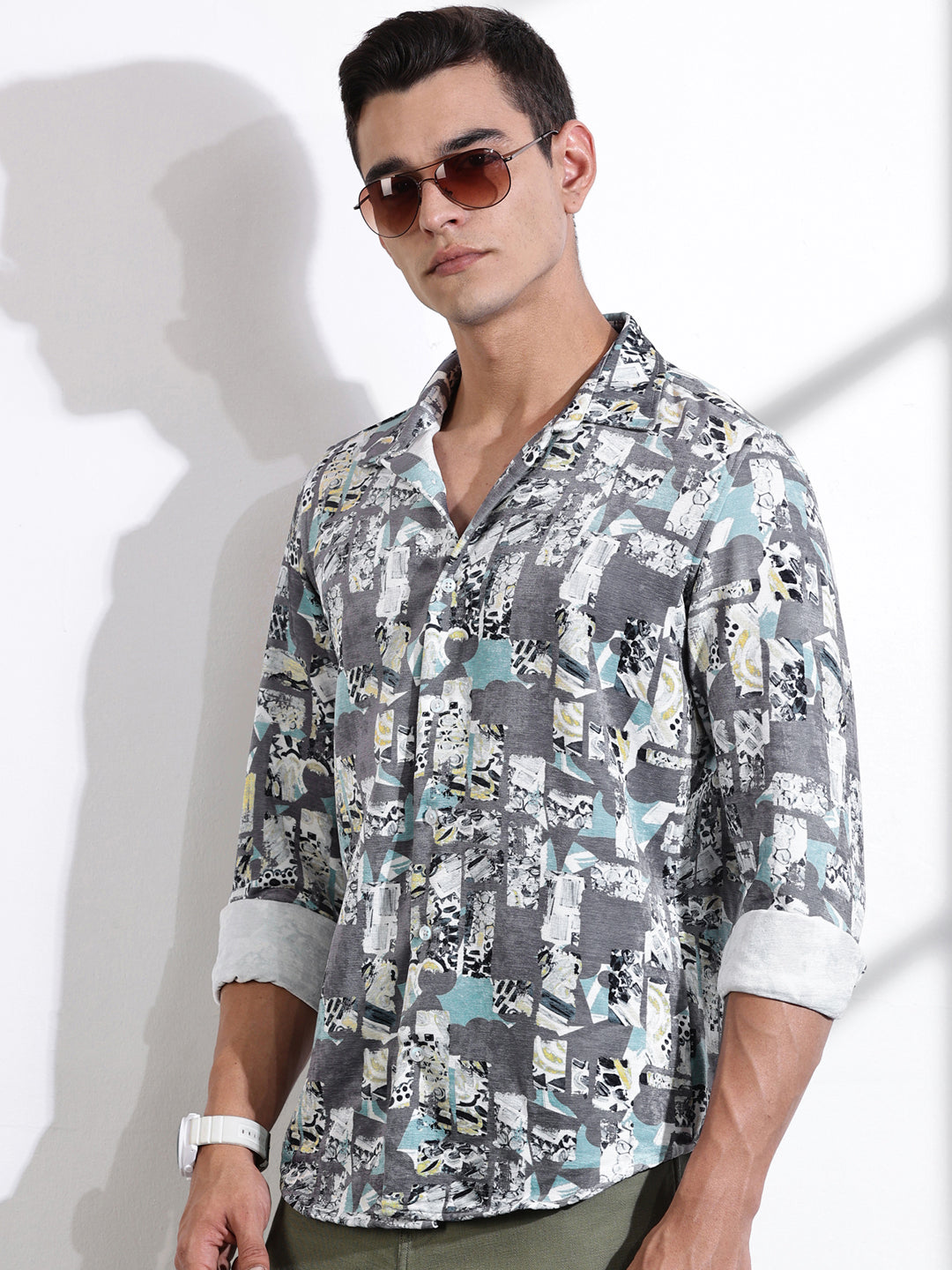 Thomas Scott Men Grey Slim Fit Long Sleeves Abstract Printed Casual Shirt