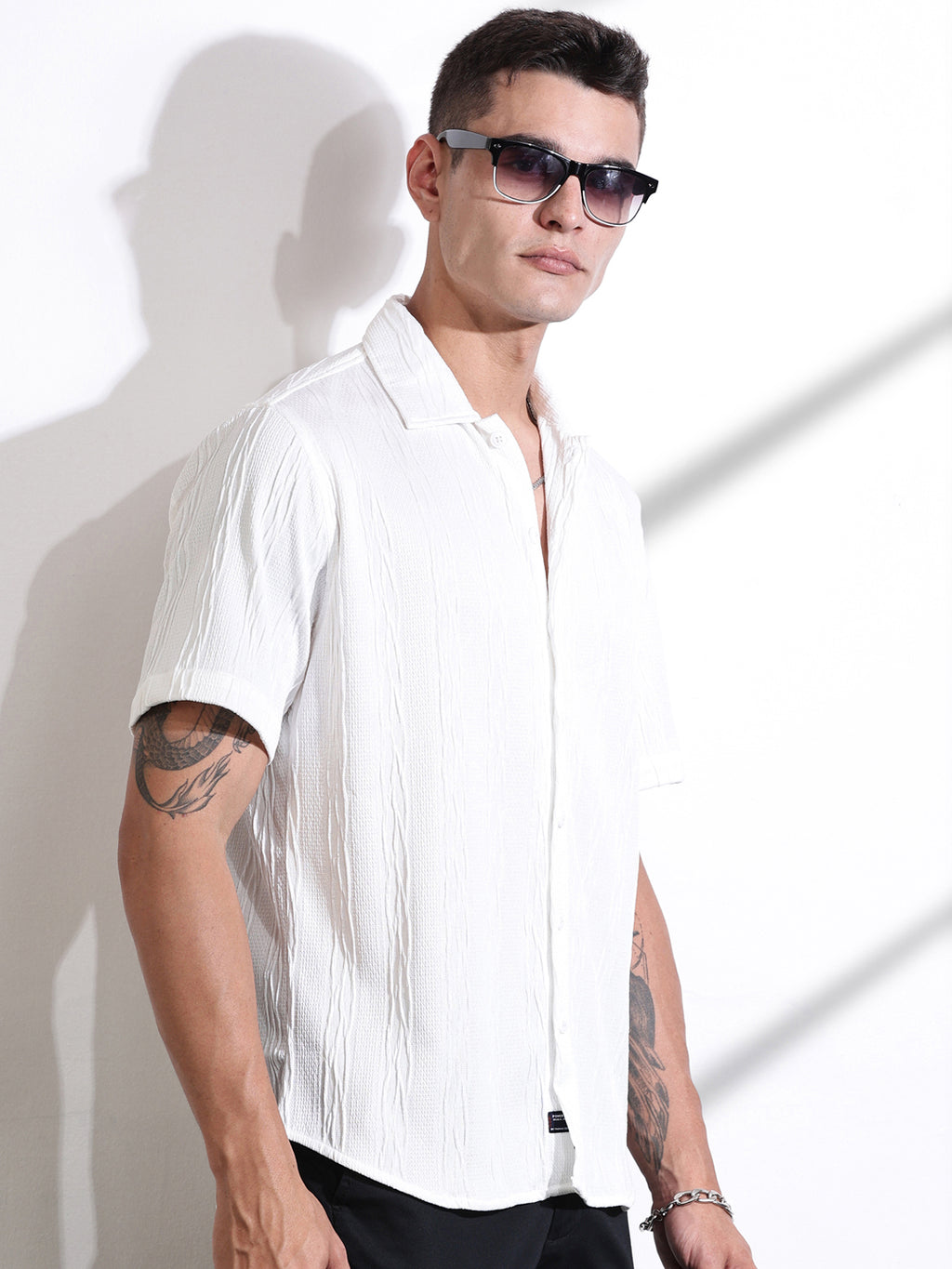 Thomas Scott Men White Oversized Textured Knitted Casual Shirt