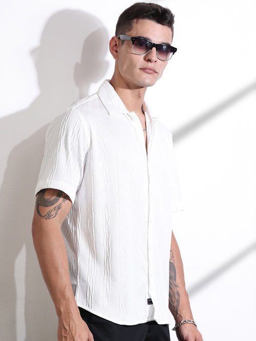 Thomas Scott Men White Oversized Textured Knitted Casual Shirt