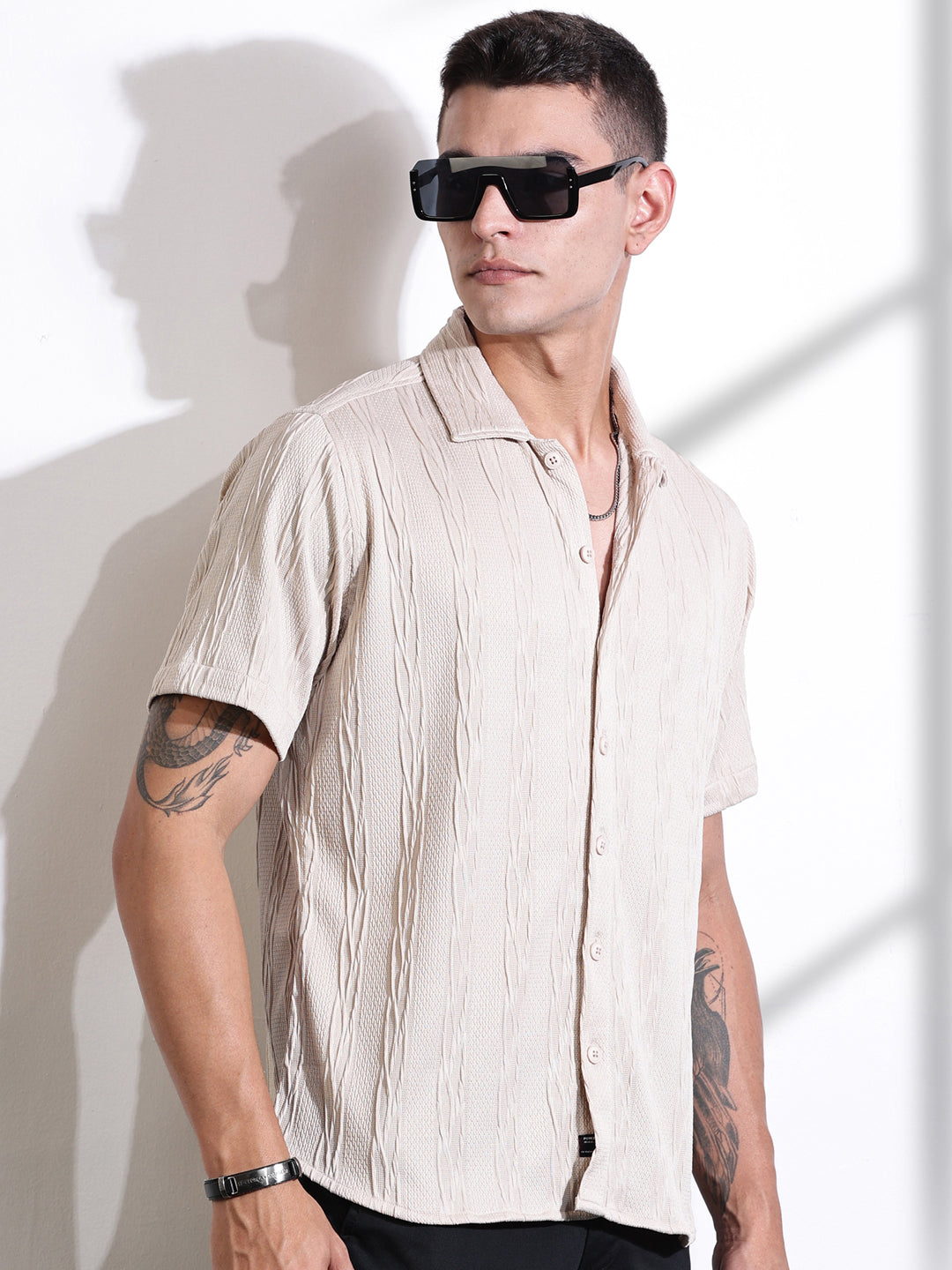 Thomas Scott Men Beige Oversized Textured Knitted Casual Shirt