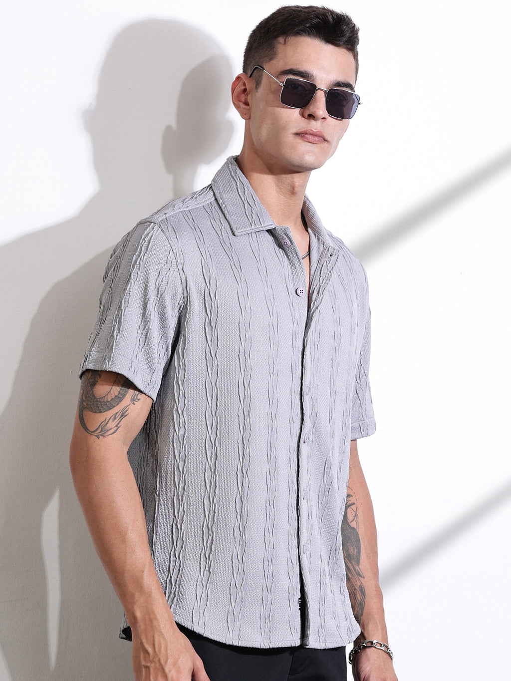 Thomas Scott Men Grey Oversized Textured Knitted Casual Shirt