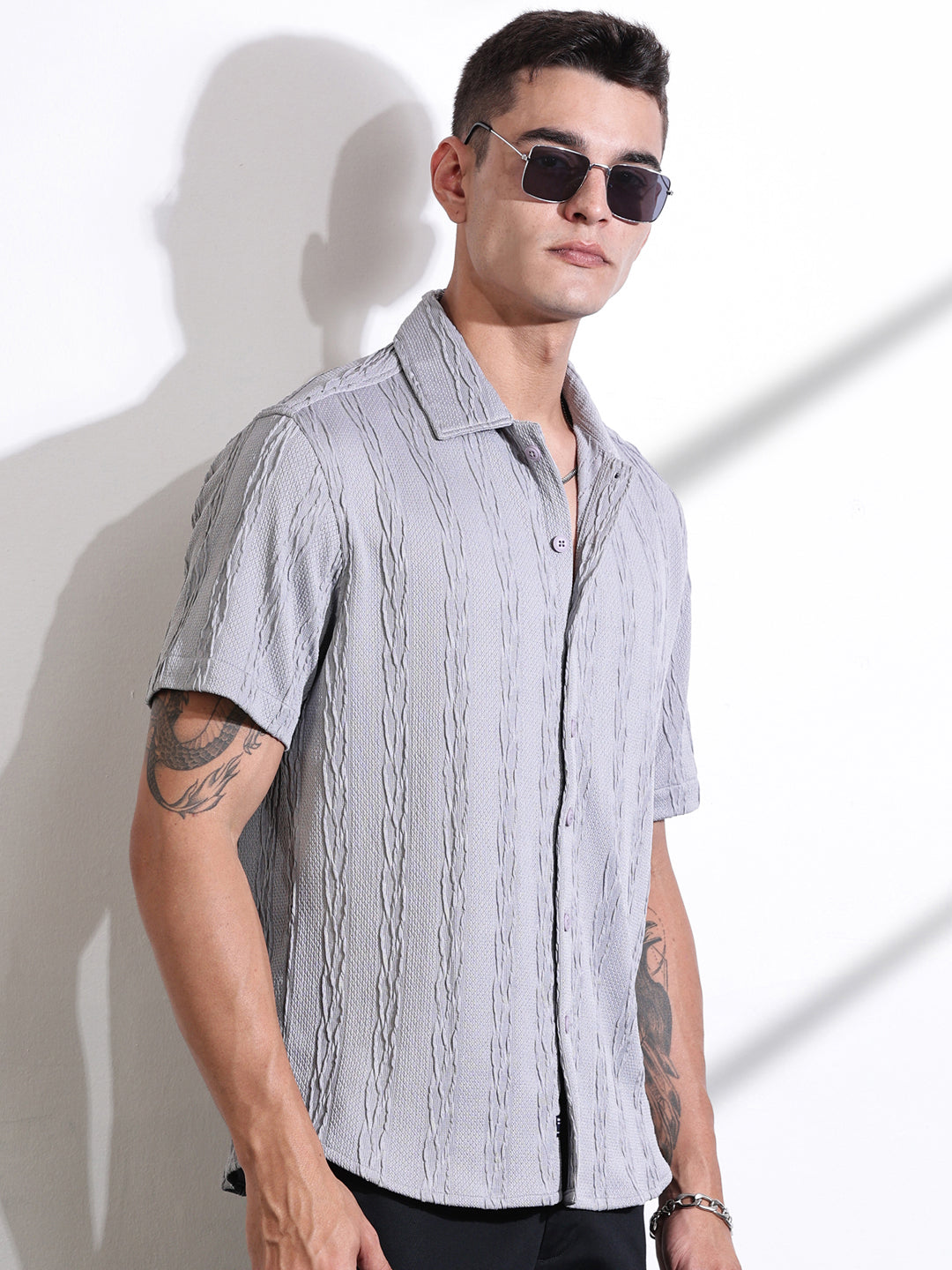 Thomas Scott Men Grey Oversized Textured Knitted Casual Shirt