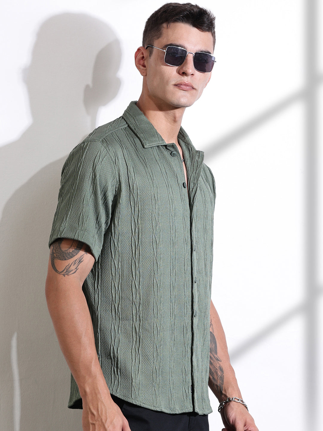 Thomas Scott Men Green Oversized Textured Knitted Casual Shirt