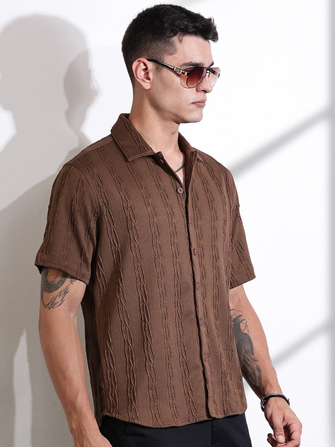 Thomas Scott Men Brown Oversized Textured Knitted Casual Shirt