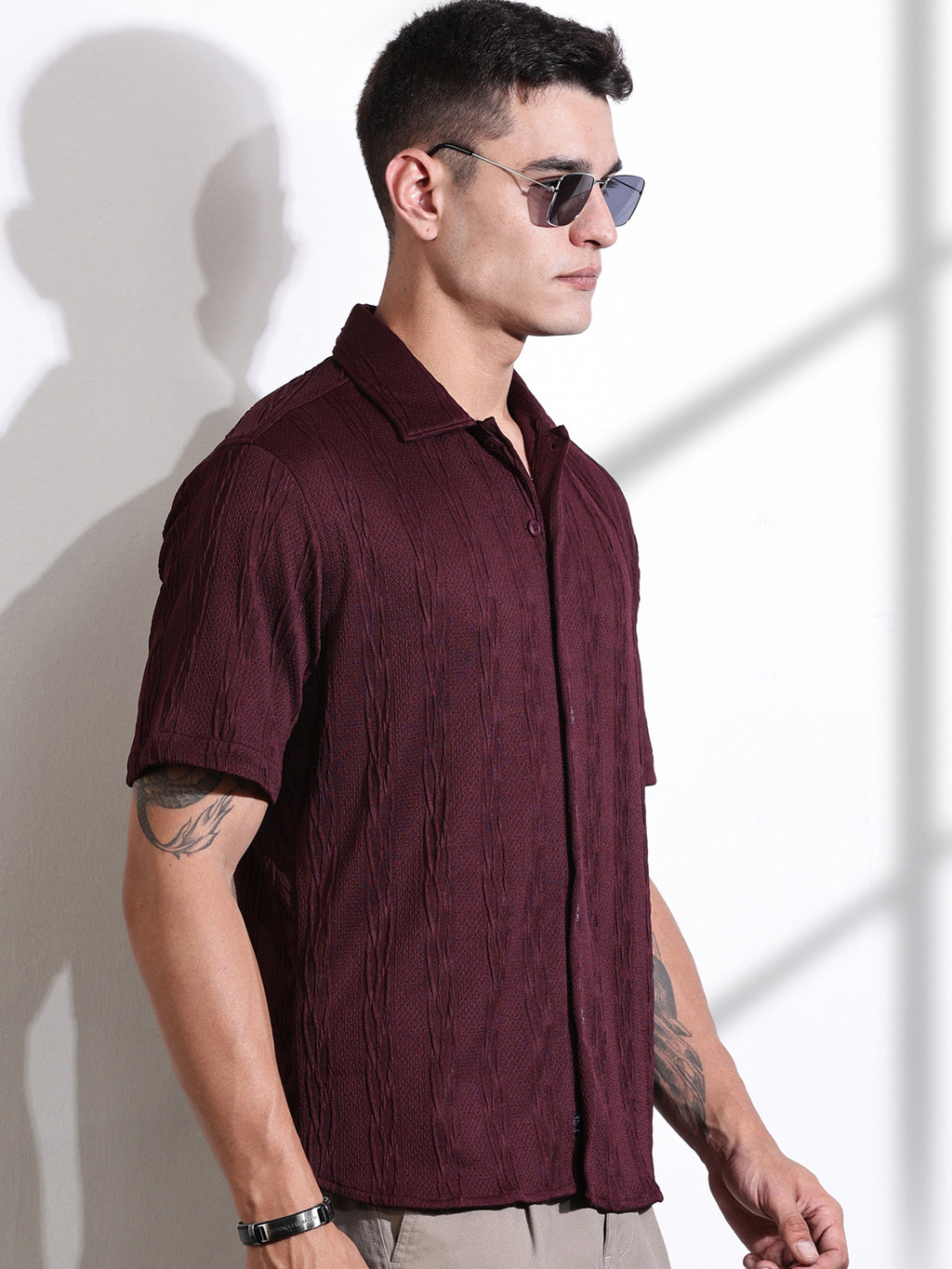 Thomas Scott Men Maroon Oversized Textured Knitted Casual Shirt