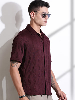 Thomas Scott Men Maroon Oversized Textured Knitted Casual Shirt