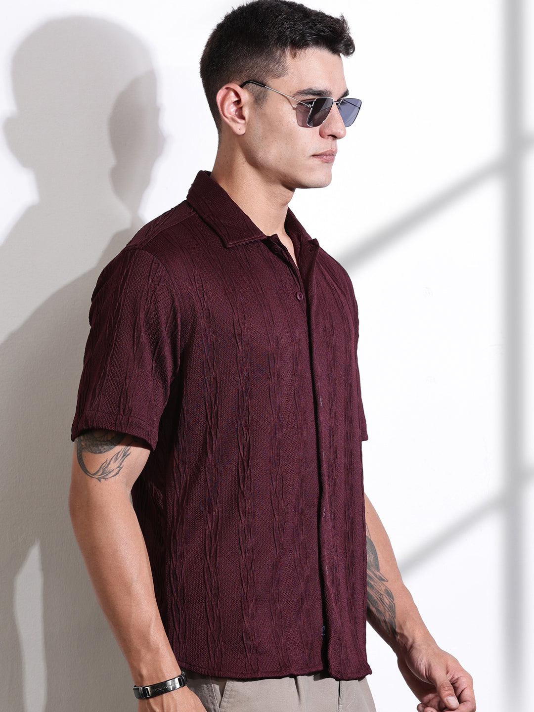 Thomas Scott Men Maroon Oversized Textured Knitted Casual Shirt