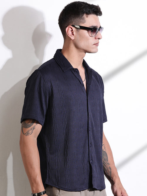 Thomas Scott Men Navy Oversized Textured Knitted Casual Shirt
