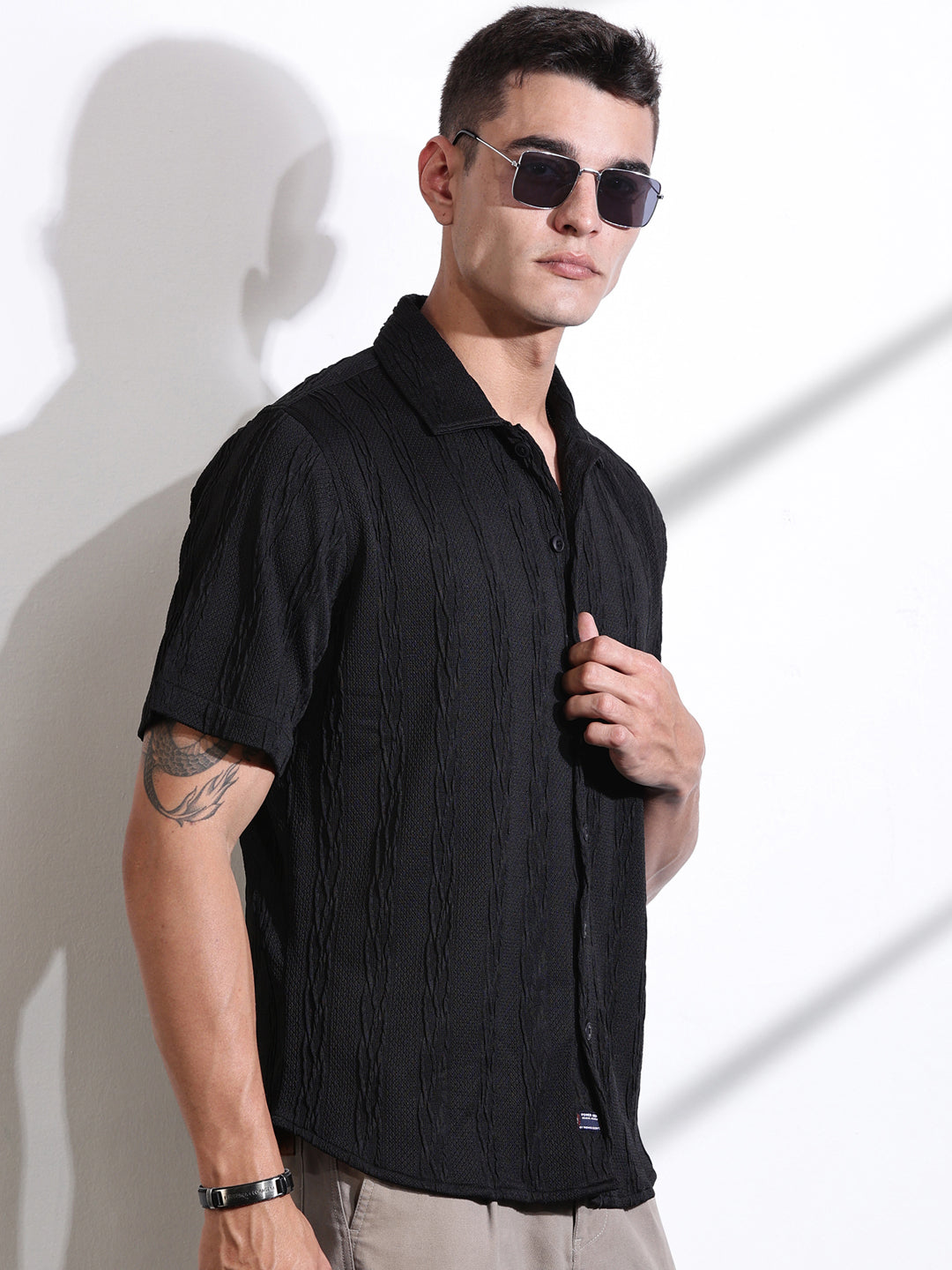 Thomas Scott Men Black Oversized Textured Knitted Casual Shirt