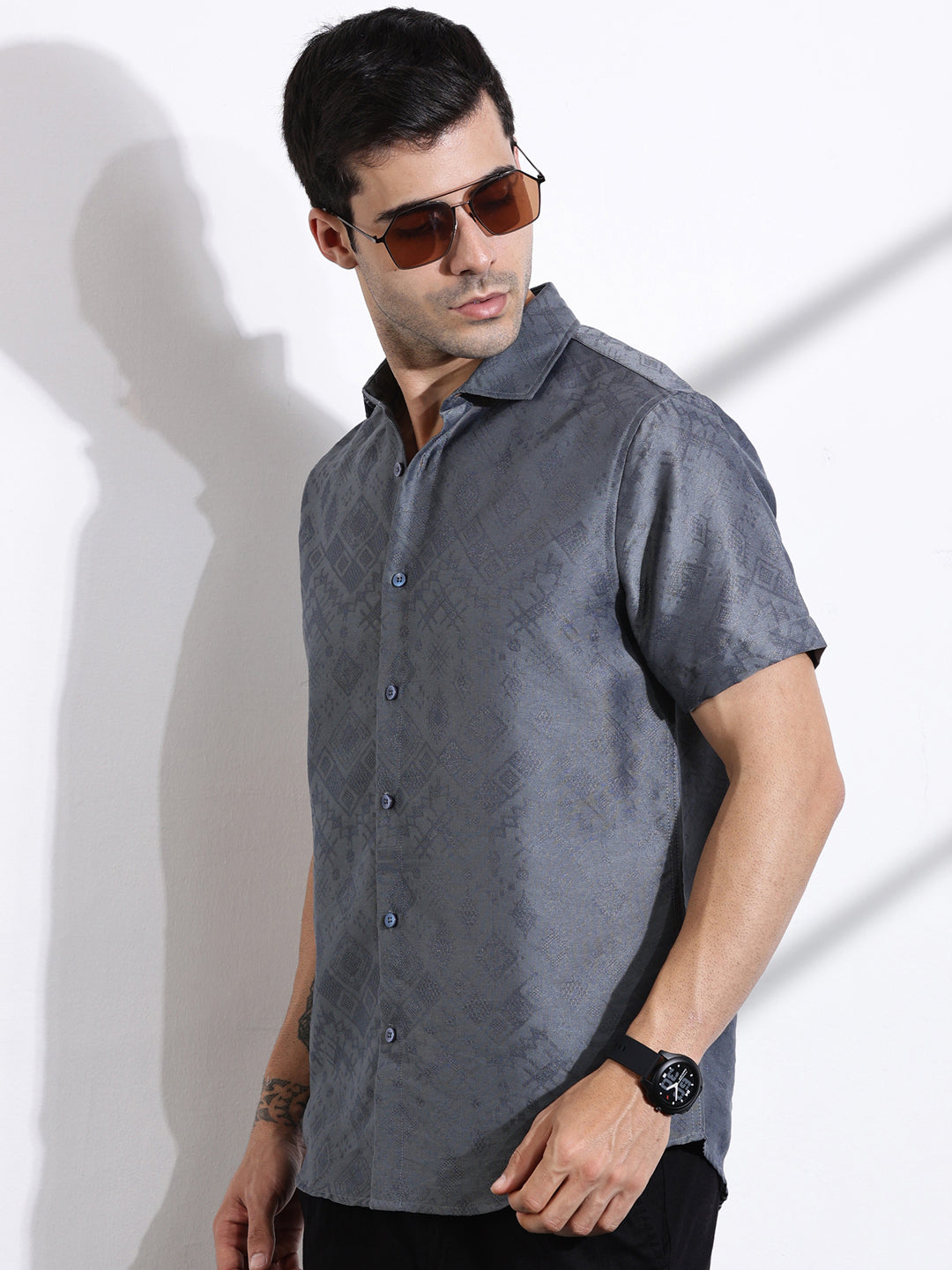 Thomas Scott Men Grey Slim Fit Geometric Print Casual Shirt