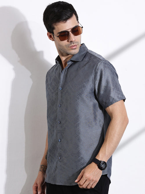 Thomas Scott Men Grey Slim Fit Geometric Print Casual Shirt