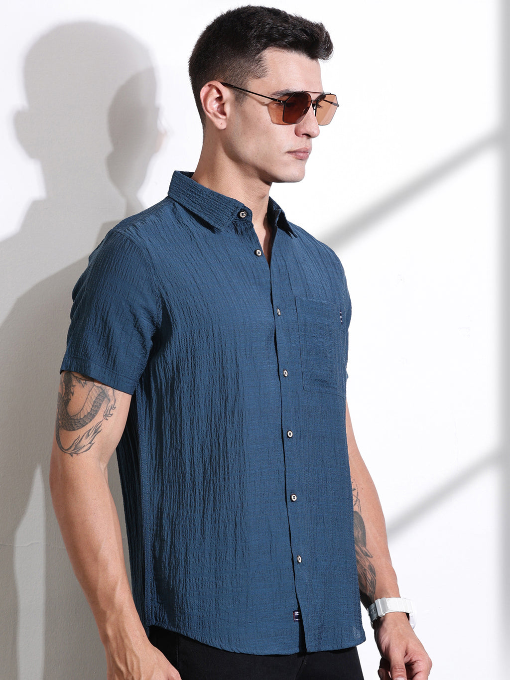 Thomas Scott Men Teal Slim Fit Textured Seersucker Casual Shirt
