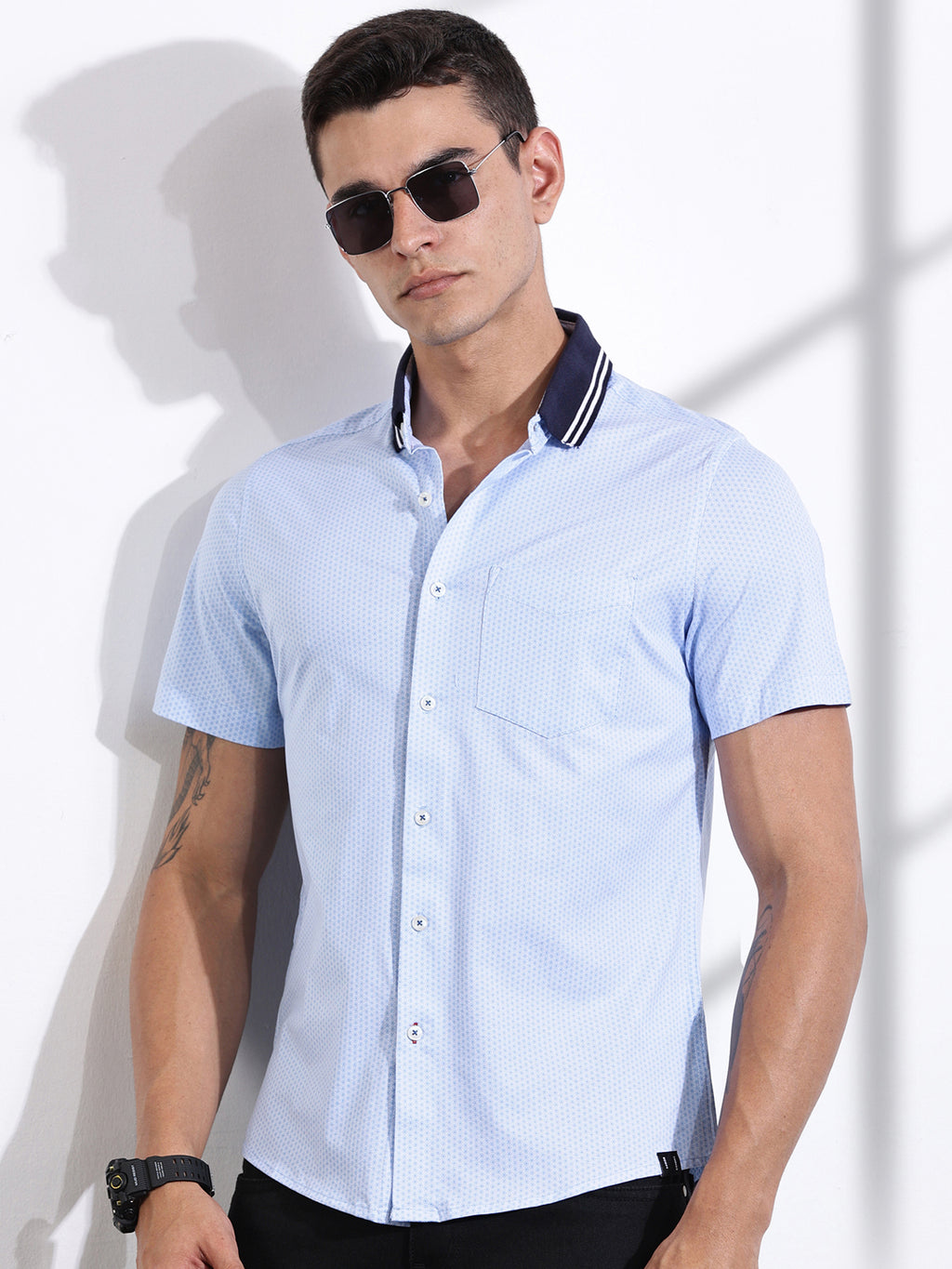 Thomas Scott Men SkyBlue Slim Fit Micro Ditsy Printed Knit Shirt
