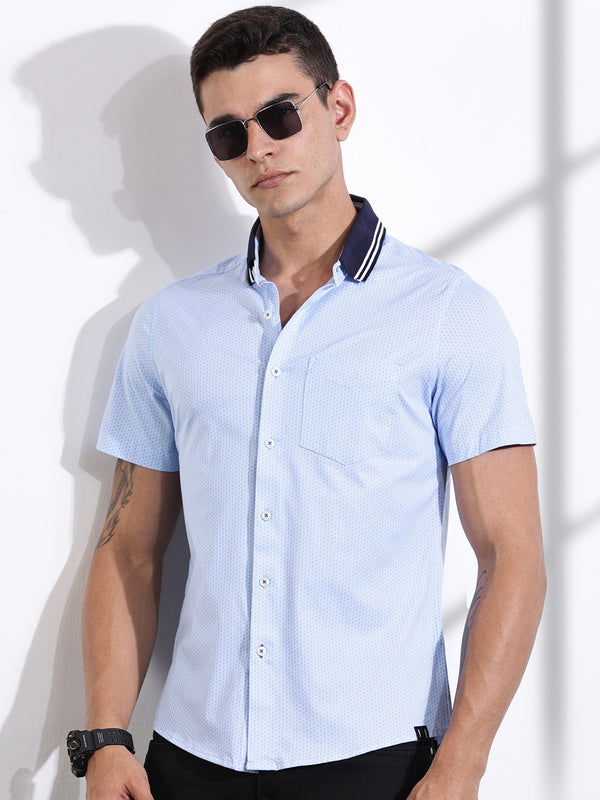 SkyBlue Slim Fit Micro Ditsy Printed Knit Shirt For Men