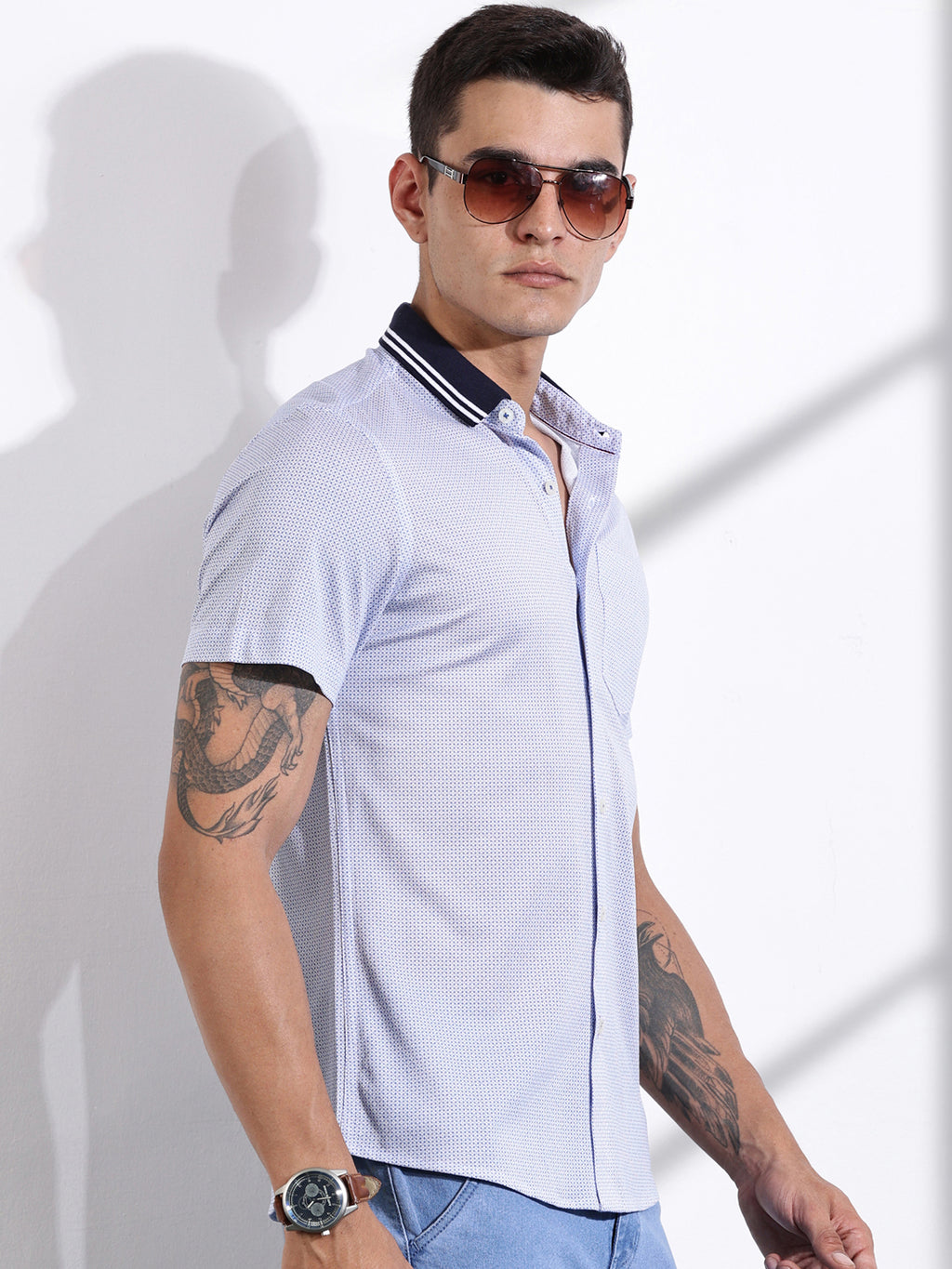 Thomas Scott Men Blue Slim Fit Micro Ditsy Printed Knit Shirt