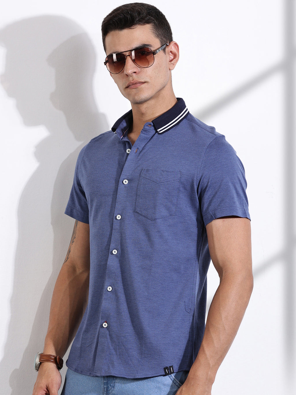 Thomas Scott Men DarkBlue Slim Fit Solid Knit Shirt