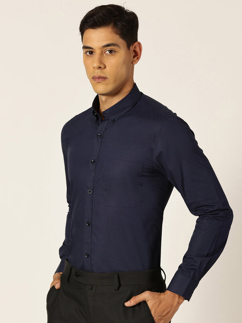 Thomas Scott Men NavyBlue Slim Fit Solid Cotton Formal Shirt