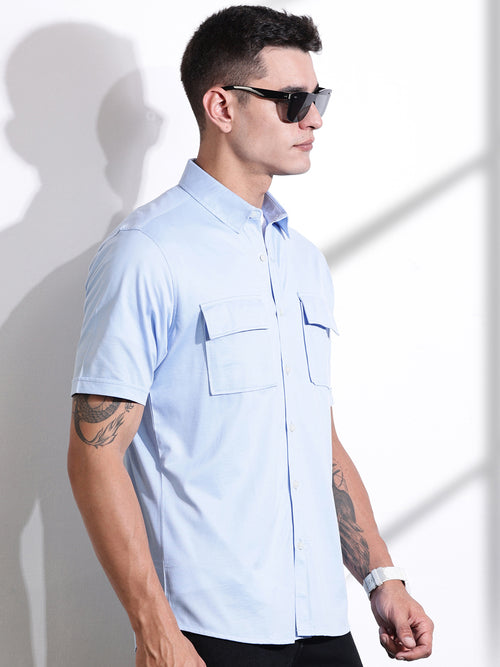 Thomas Scott Men Blue Slim Fit Short Sleeve Solid Cotton Knitted Shirt