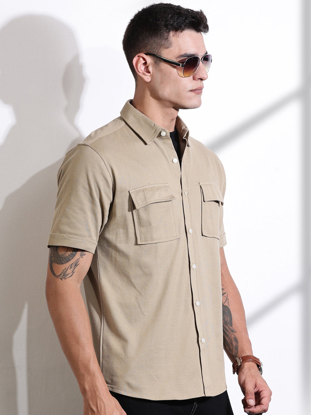 Thomas Scott Men Beige Slim Fit Short Sleeve Solid Cotton Knitted Shirt