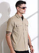 Thomas Scott Men Beige Slim Fit Short Sleeve Solid Cotton Knitted Shirt