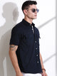 Thomas Scott Men Black Slim Fit Short Sleeve Solid Cotton Knitted Shirt