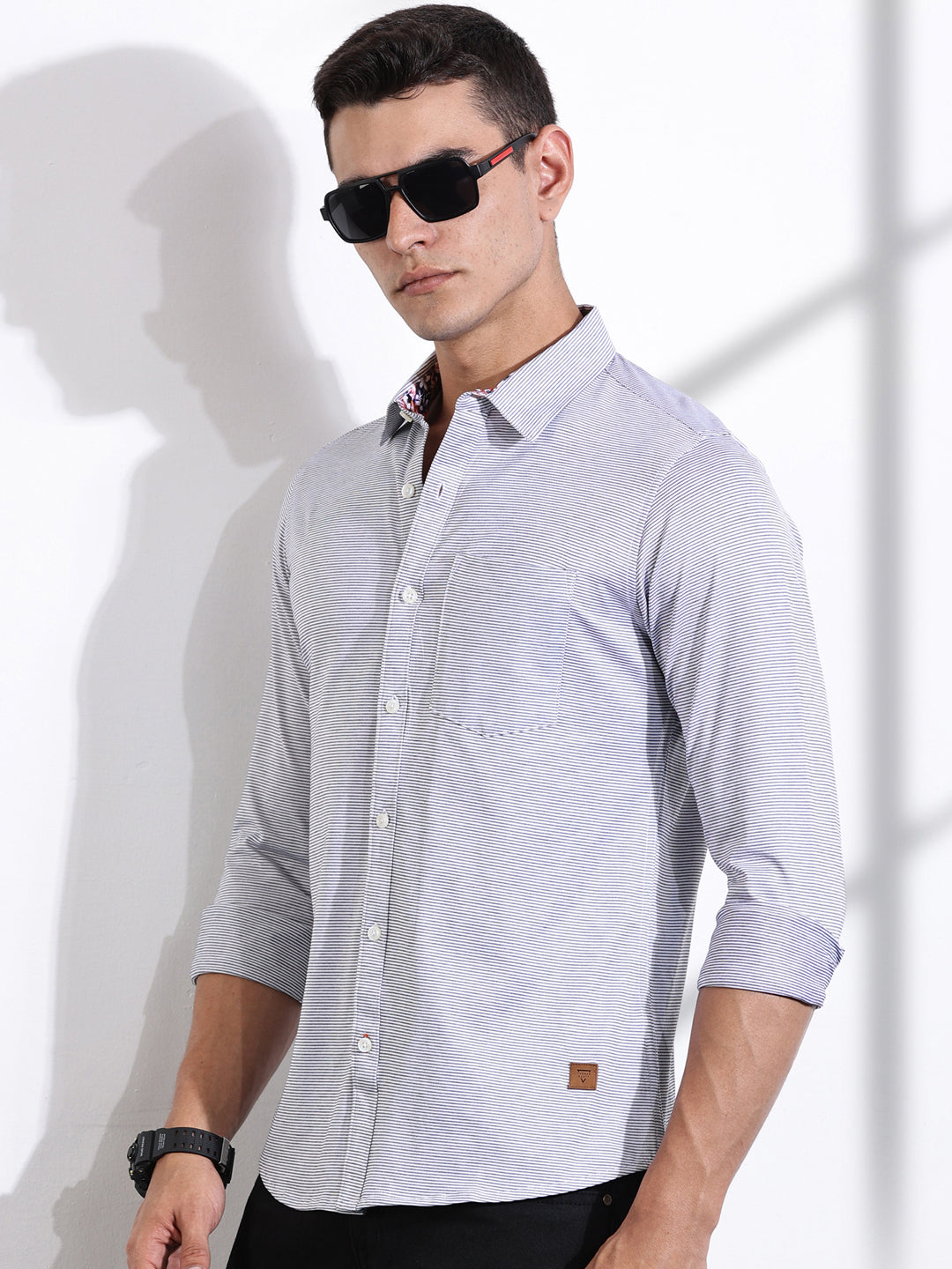 Thomas Scott Men Black Slim Fit Spread Collar Horizontal Striped Cotton Knitted Shirt