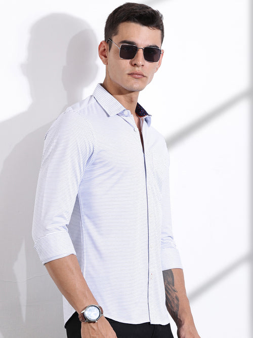 Thomas Scott Men SkyBlue Slim Fit Horizontal Stripes Cotton Knitted Shirt