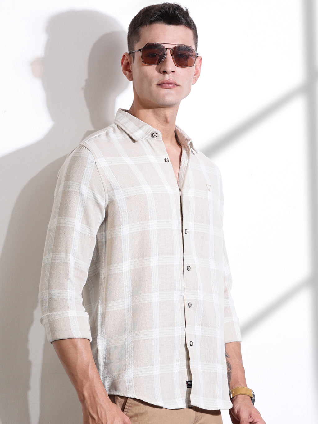 Beige Slim Fit Windowpane Checked Cotton Casual Shirt