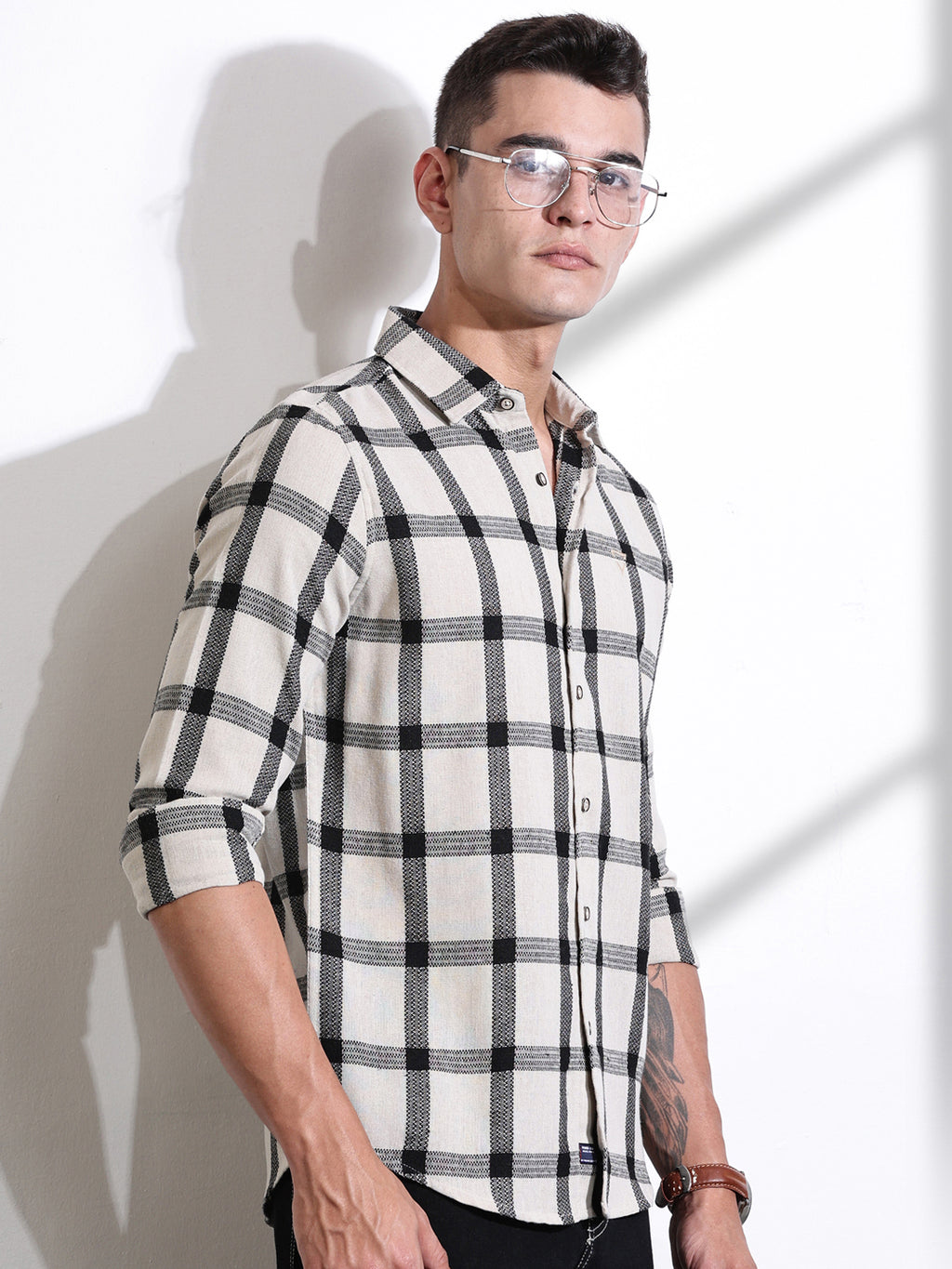 Black Slim Fit Windowpane Checked Cotton Casual Shirt